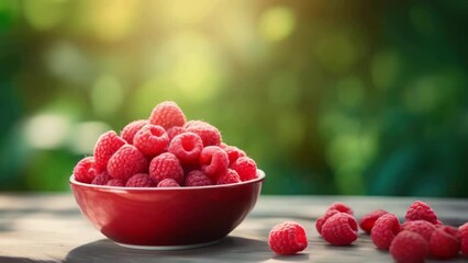 Wall Mural - A bowl of red raspberries on a wooden table