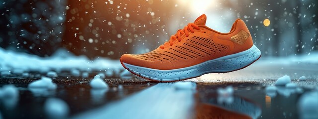 Wall Mural - Orange athletic shoe on damp surface in natural landscape