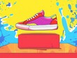 Pop art sneaker podium, vibrant primary colors, cartoon explosion backdrop, ideal for trendy sneaker releases