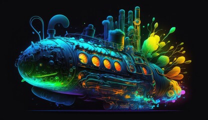 A graphics abstract neon design of a glowing, futuristic submarine with neon-colored parts and intricate details, set against a dark, abstract background, AI Generative