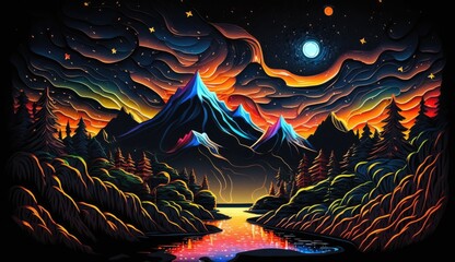 Wall Mural - An abstract neon landscape with glowing mountains, rivers, and forests, set against a dark, starry sky