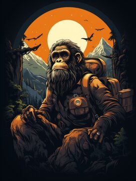 a portrait cool ape exploring the wilderness, with a backpack and a sense of adventure