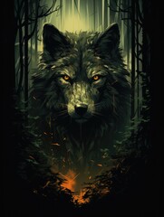 Wall Mural - a graphics wolf prowling through a dark forest, capturing the stealth and predatory instincts of these nocturnal hunters, AI Generative