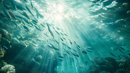 An underwater scene of a school of fish swimming in the ocean. with sunlight filtering through the water