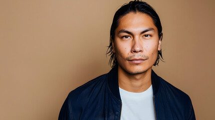 Wall Mural - an young native american man with black hair. wearing white tshirt and dark blue jacket standing in front of flat background 