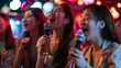 Lively Korean Women Celebrating at a Vibrant Karaoke Bar Night