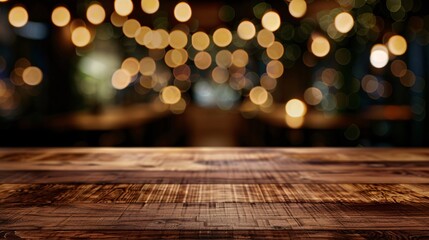 Wall Mural - A wooden table with a blurry background of lights