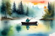 watercolor illustration of fishermen on a boat fishing in the forest