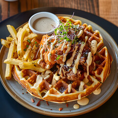 Wall Mural - karaage chicken on waffle with fries and Mayo