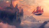 Fototapeta  - Fantasy landscape with flying ship