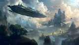 Fototapeta  - Fantasy landscape with flying ship