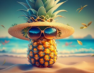 Wall Mural - Pineapple Wearing Straw Hat and Sunglasses,Playful Tropical Fruit Character in Surreal