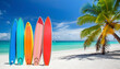 Palm Trees, Ocean Waves, and Rainbow Surfboards.