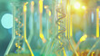 Close up of beakers and test tubes with a DNA double helix on a futuristic. light green background with a yellow and blue gradient color. 