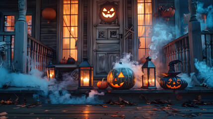 Wall Mural - Creating a haunting Halloween concept with lanterns. pumpkins