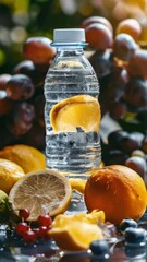 Wall Mural - A bottle of water with a lemon slice in it is on a table with a bunch of fruit
