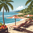 Sea coast with palm trees, fruit and sunbeds. Summer scenery on an island with a beautiful landscape.