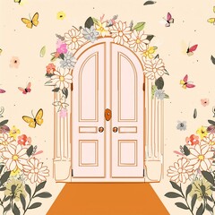 Sticker - Maternity backdrop, wedding backdrop, photography background with delicate flowers and vintage door.