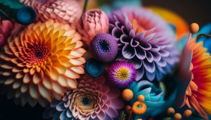 Canvas Print -  a bunch of colorful flowers. The flowers are mostly pink, yellow and orange, with some blue and purple flowers as well. 