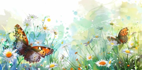 Watercolor painting of two butterflies on daisies in the meadow