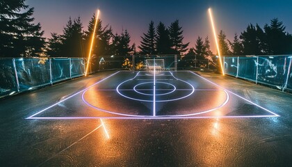 Wall Mural - Futuristic basketball court made of neon lights.