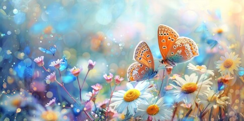 Watercolor painting of two butterflies on daisies in the meadow