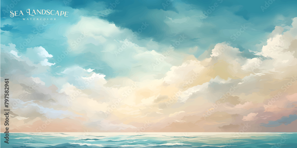 Sea landscape art vector background with blue sky and white clouds ...