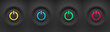 Set of black round buttons with colored power symbols. User interface elements for mobile devices, UI, UX.