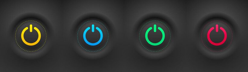 Aufkleber - Set of black round buttons with colored power symbols. User interface elements for mobile devices, UI, UX.