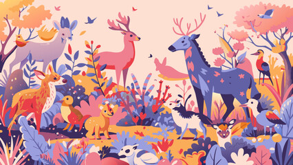 Wall Mural - Enchanted Forest Wildlife Illustration with Colorful Fauna and Flora. Vector Illustration for prin, cards