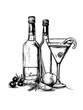 Aperitif. Isolated bottles and glass with wine and olives. Black and white outline on background. Shading