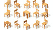 Set of wooden chairs with backrest in isometric Vector