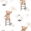 The little bear on the stairs reaches for the stars. Teddy bear among the clouds and stars. Cute seamless pattern. Great for nursery fabric, textile.