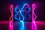 Fototapeta Paryż - Two sound speakers in neon light with sound wave between them on black
