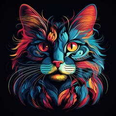 a graphics illustration Cat Alice in Wonderland on a black background with vibrant neon colors, AI Generative