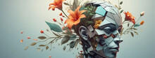 Surreal Concept, Flower Growth From Fragmented Human Form, Digital Illustration.