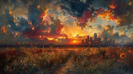 Wall Mural - A painting blends the energy of cityscapes with the tranquility of Texas prairies, a captivating contrast