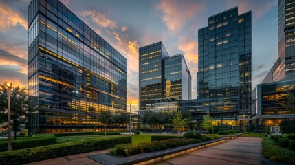 Wall Mural - Glass office buildings standing tall next to each other, illuminated against the evening sky, creating a stunning urban landscape