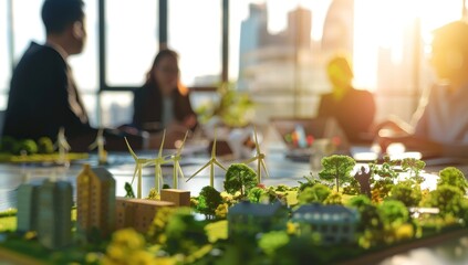 Une maquette d'une ville avec des bâtiments éco-responsable avec des éoliennes, symbolisant la technologie écologique pour le développement durable, arrière-plan flou avec hommes et femmes d'affaires.