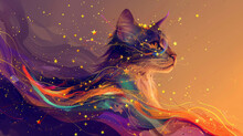 Ethereal Cat Portrait With Gold Stars And A Gradient From Dark Violet To Light Orange.