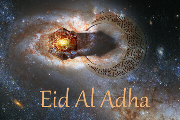 Wall Mural - Eid al Adha, traditional Arabic lantern on the background of the star sky, Islamic holiday tradition, praying under the stars,Element of the image provided by NASA