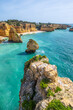 Vertical photography of spectacular cliffs near Marinha beach and Benagil, Algarve, Portugal