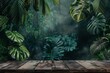 3D rendering of an empty wooden podium in a tropical jungle with large leaves