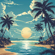 Illustration of a sunny seashore with silhouettes of palm trees.
