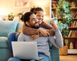 laptop man woman computer technology home couple young together happy happiness smiling togetherness male internet online wife love