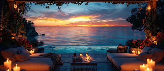 Wall Mural - The scent of jasmine and roses mingles with the sea air, enhancing the romantic allure of the evening.