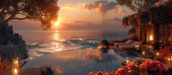 Wall Mural - The scent of jasmine and roses mingles with the sea air, enhancing the romantic allure of the evening.