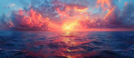 Wall Mural - The sky transitions from shades of coral to indigo, a breathtaking canvas above the sea. 