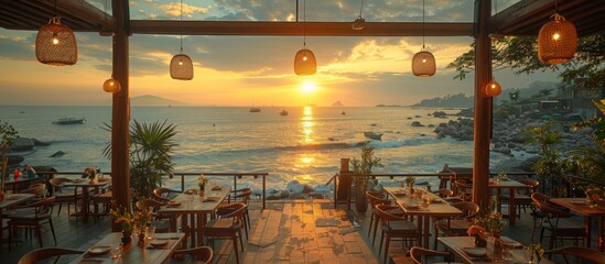 Wall Mural - The sea breeze carries hints of salt and jasmine, mingling with the aroma of a sumptuous seafood dinner. -