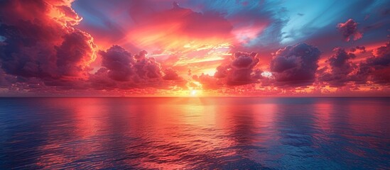 Wall Mural - The sky transitions from shades of coral to indigo, a breathtaking canvas above the sea. 